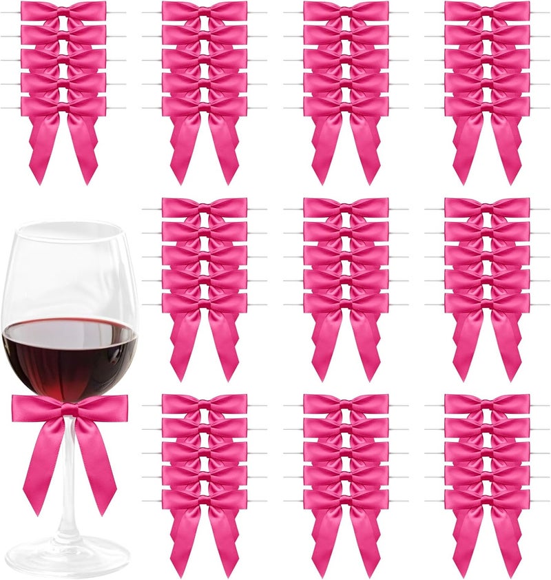 Sokfone Satin Ribbon Plum Red Bow Decor 2.5" Premade Plum Red Twist Tie Bows for Gift Wrapping Bow for Treat Bags Party Favors Wedding Decorations - 50 Counts - Image 1